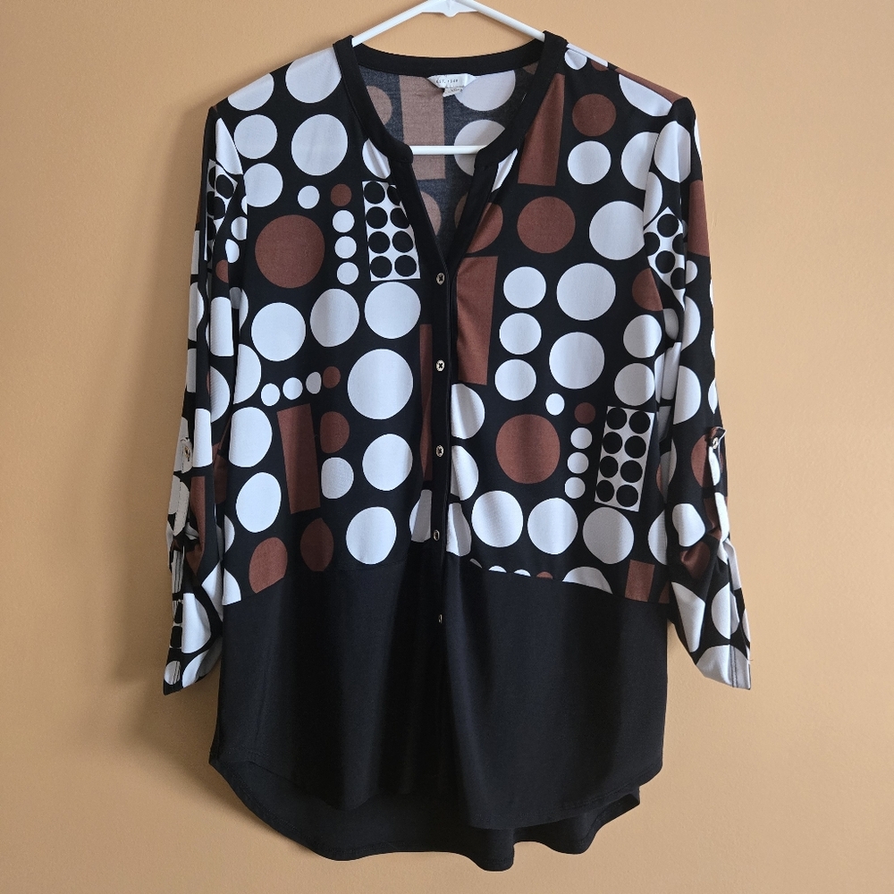 Cato Geometric Patterned Black and Brown Blouse, PTP=17"